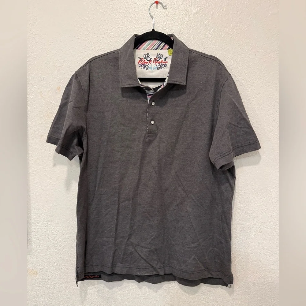 Robert Graham Polo Mens Large Shirt Classic Fit Gray Pique Knit Short Sleeve